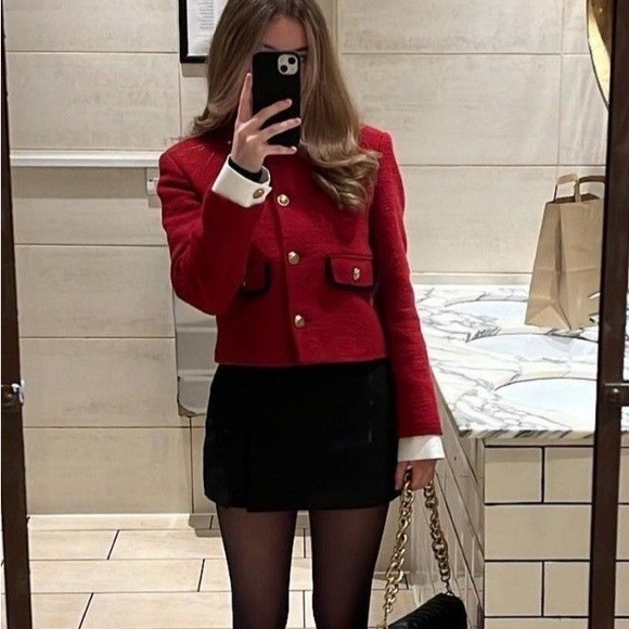 ZARA Red Boucle Textured Blazer Jacket w/ Detachable White Cuffs NWT *Flawed - Picture 4 of 16